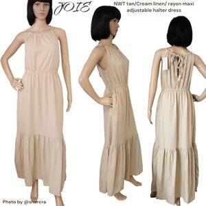 Joie Beige Linen Rayon Blend adjustable Halter ruffle pocket maxi dress women S